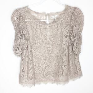 Joie Womens Size Small  Fanny Lace Overlay Top Blouse‎ Tan Sheer Ruched Sleeve